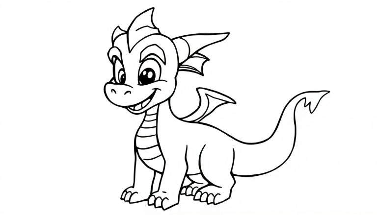 A cute black and white cartoon dragon, smiling with big eyes and small horns, ready to be colored. This is a fun color panel!