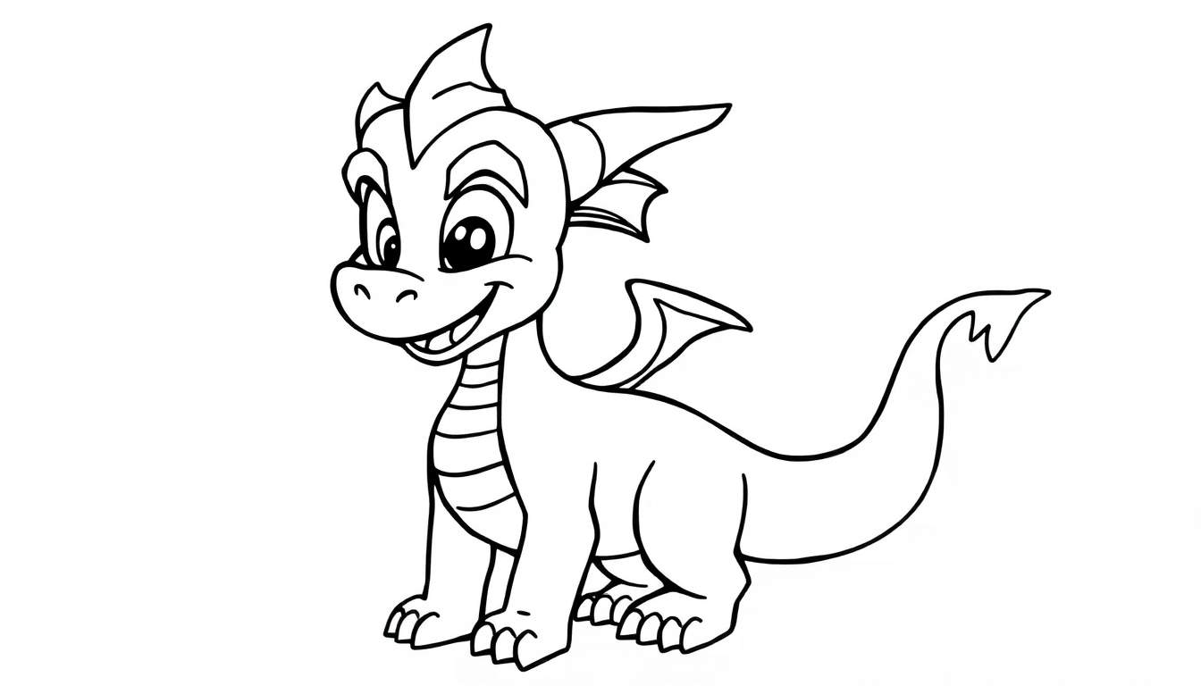 A cute black and white cartoon dragon, smiling with big eyes and small horns, ready to be colored. This is a fun color panel!