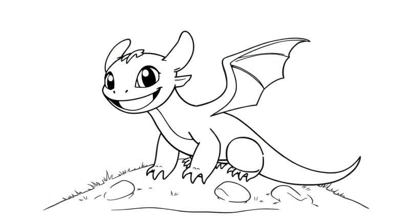 A cute cartoon dragon, ready to be colored, on a grassy mound, part of a color panel.