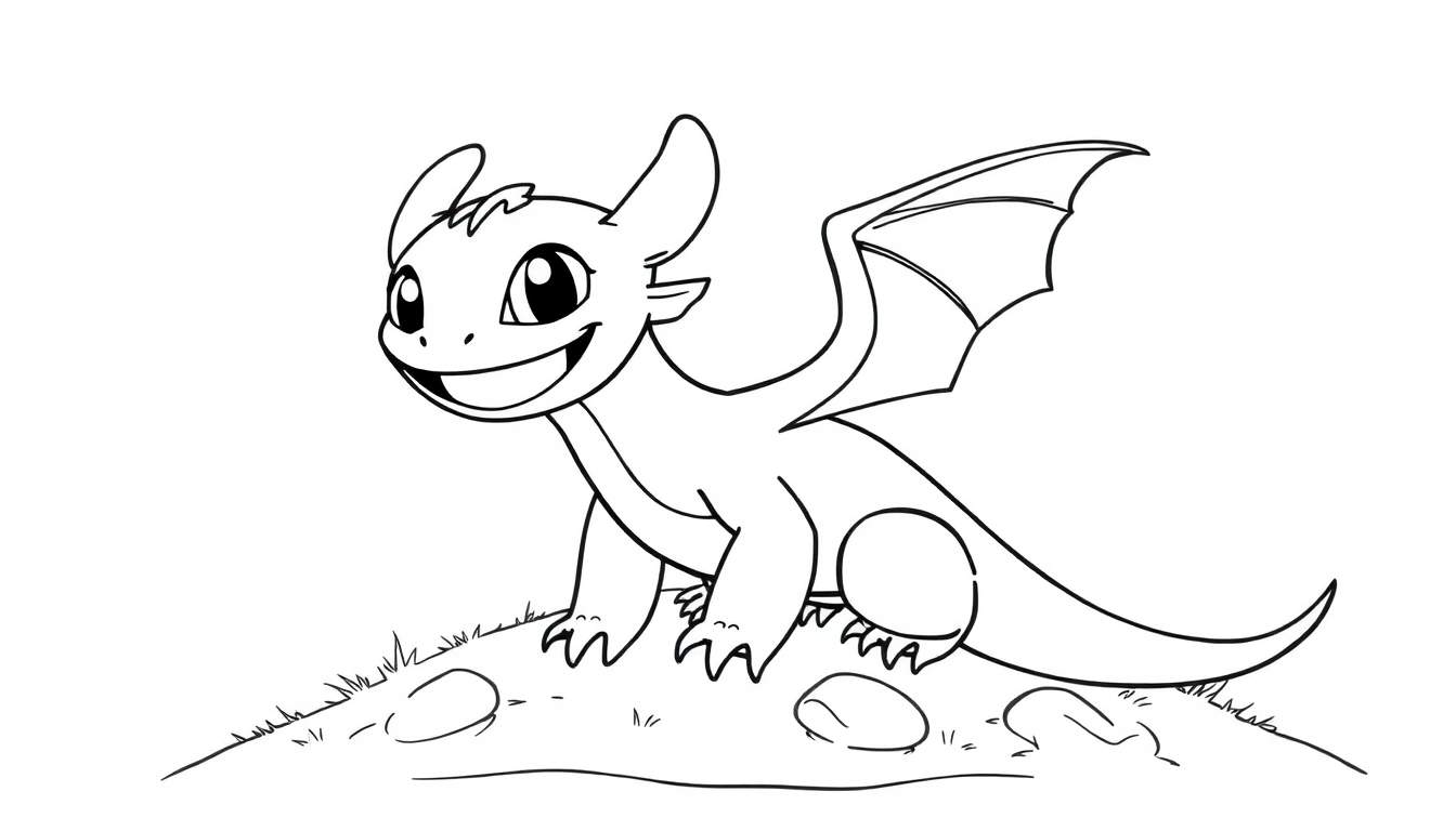 A cute cartoon dragon, ready to be colored, on a grassy mound, part of a color panel.