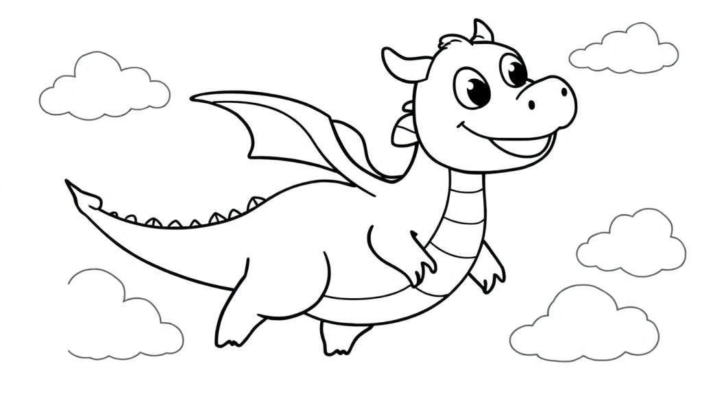 A friendly dragon in a black and white coloring panel.
