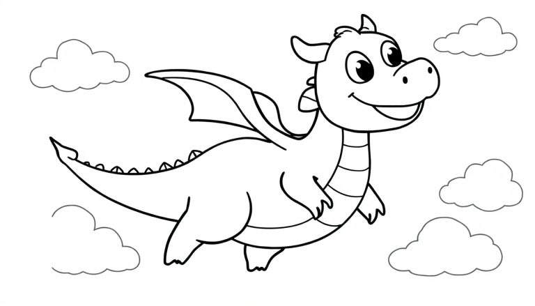 A friendly dragon in a black and white coloring panel.