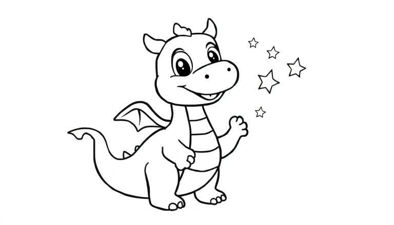 A friendly baby dragon waving hello, ready for the color panel with sparkling stars.