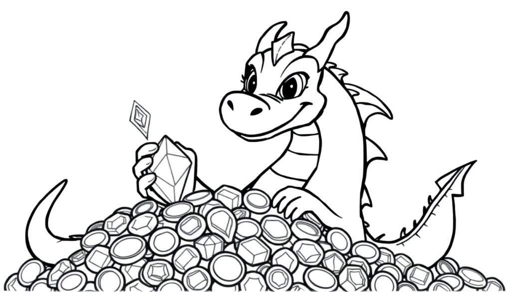 A friendly dragon sits on a pile of shiny treasures in this black and white coloring panel.