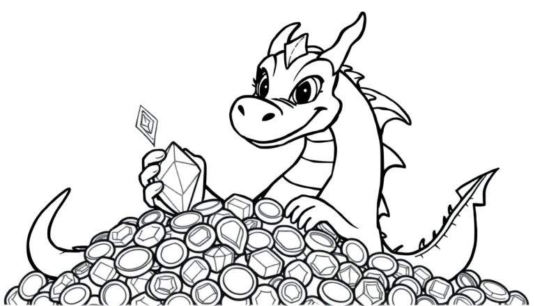 A friendly dragon sits on a pile of shiny treasures in this black and white coloring panel.