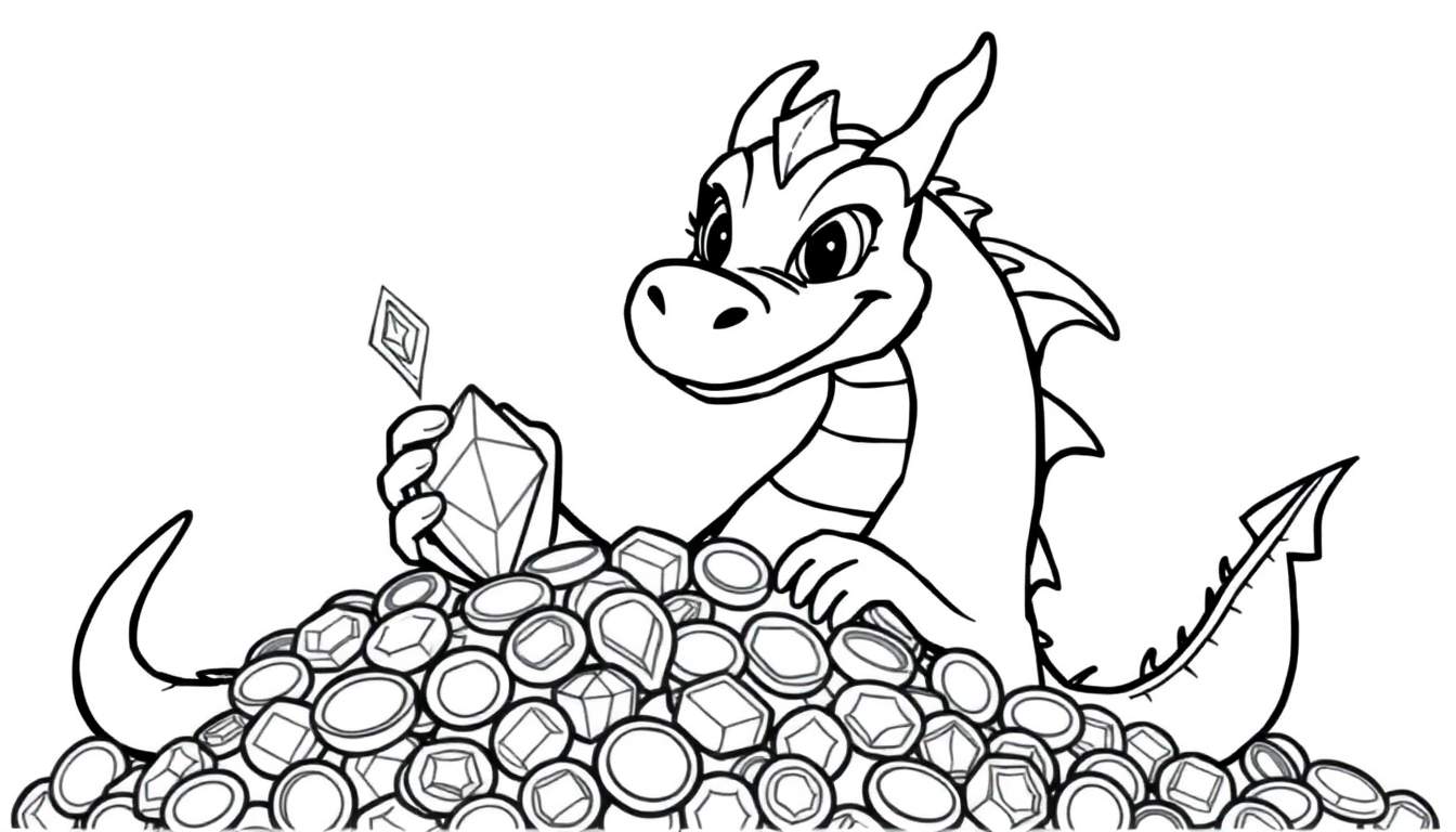 A friendly dragon sits on a pile of shiny treasures in this black and white coloring panel.