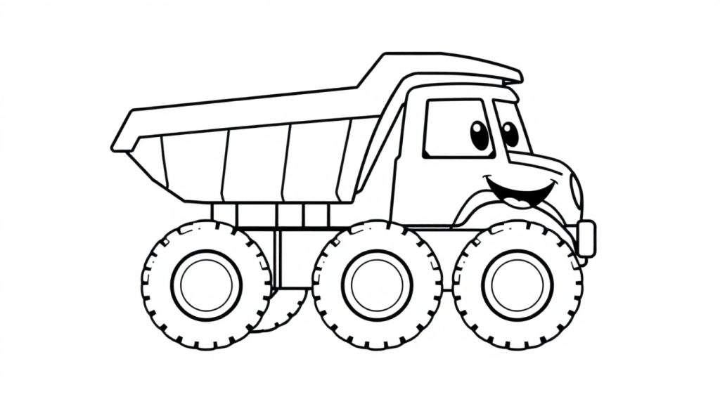 A friendly cartoon dump truck outline, ready for coloring on a color panel.