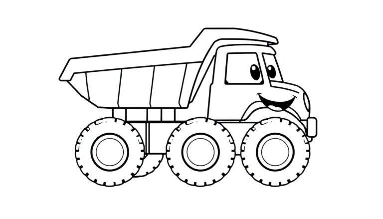 A friendly cartoon dump truck outline, ready for coloring on a color panel.