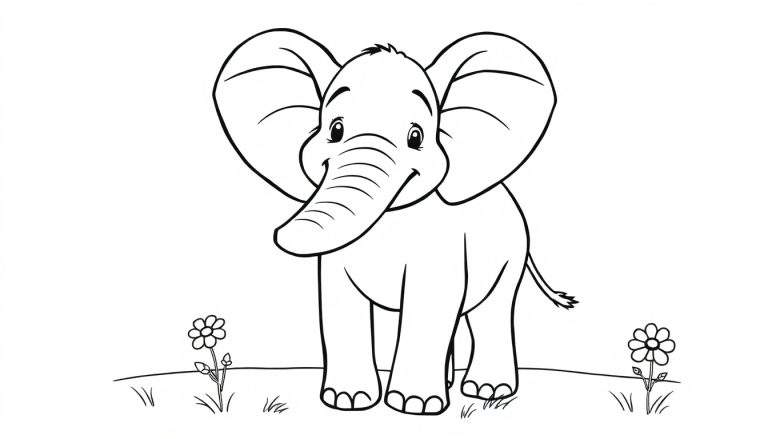 A cute cartoon elephant with big ears and a trunk, ready for coloring in this color panel.