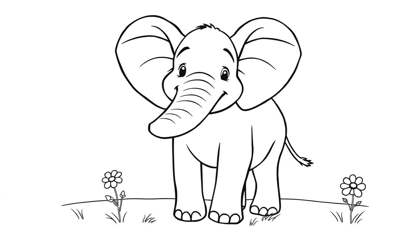 A cute cartoon elephant with big ears and a trunk, ready for coloring in this color panel.