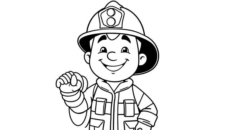 A friendly firefighter in a black and white color panel, smiling and ready to help.