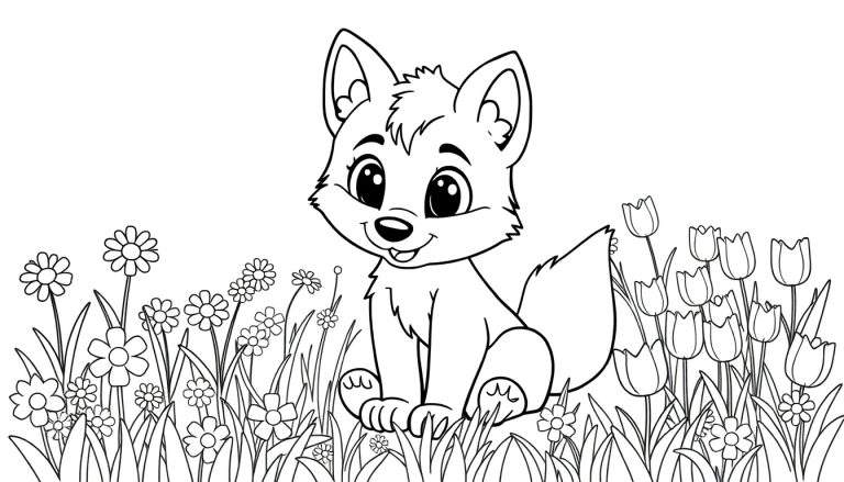 A black and white cartoon drawing of a friendly fox sitting in a field of flowers, a color panel for kids.