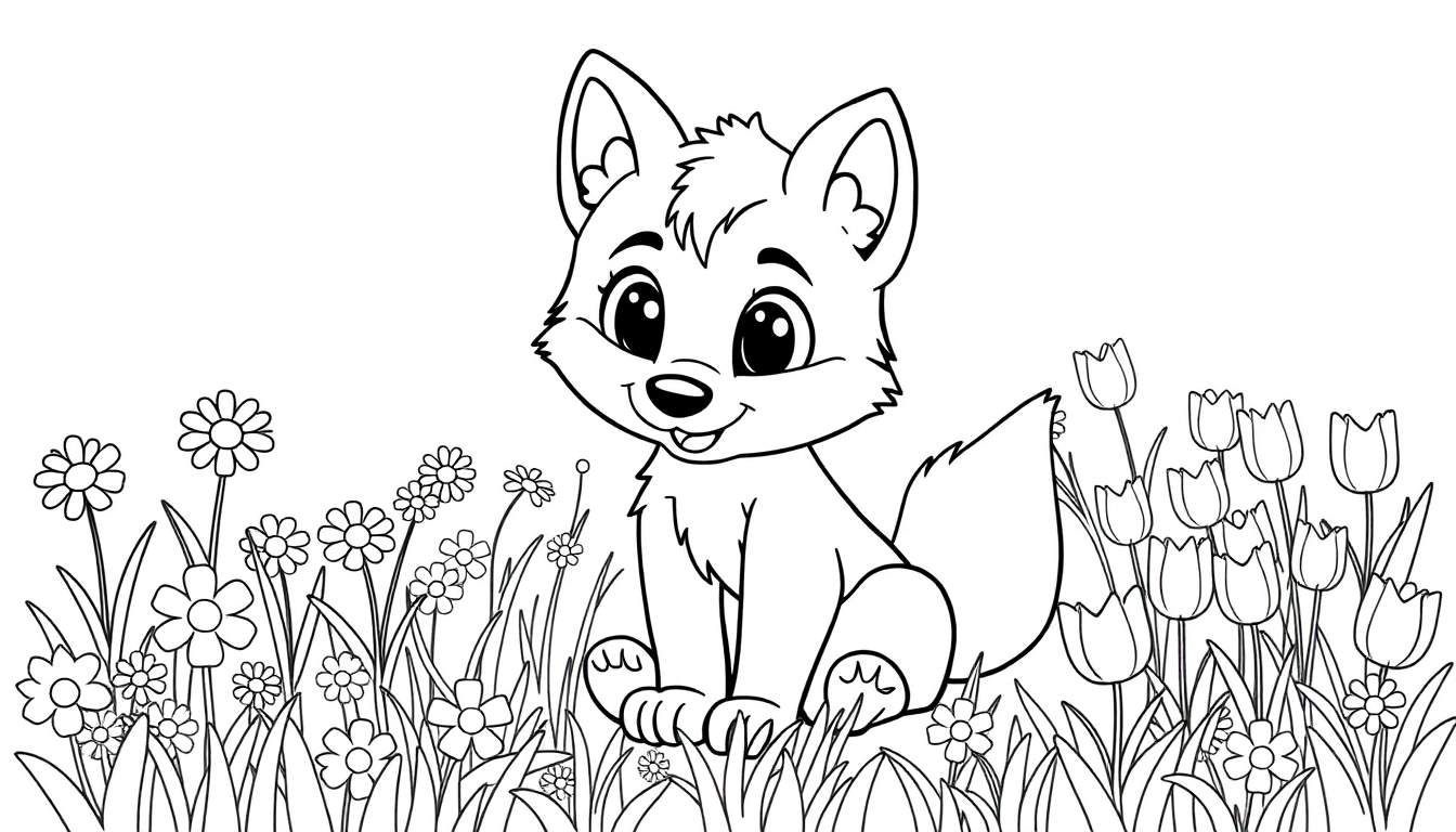 A black and white cartoon drawing of a friendly fox sitting in a field of flowers, a color panel for kids.
