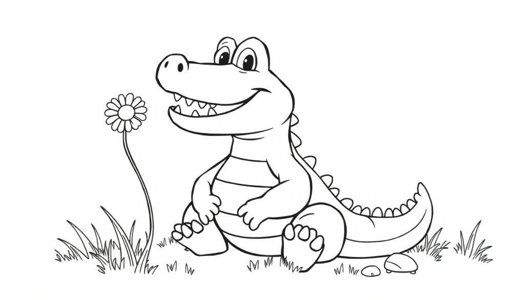 A friendly baby alligator sits in the grass, smiling and holding a flower. This color panel is ready for coloring.
