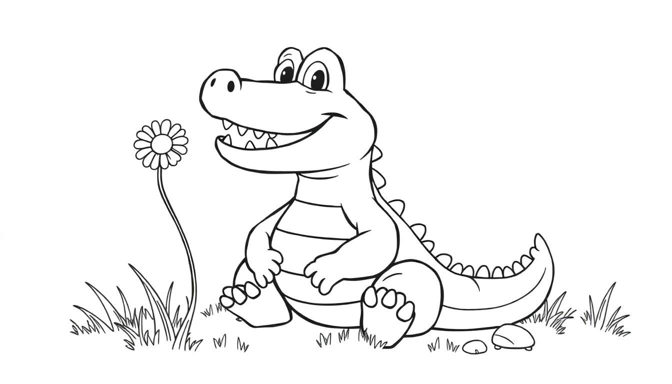 A friendly baby alligator sits in the grass, smiling and holding a flower. This color panel is ready for coloring.