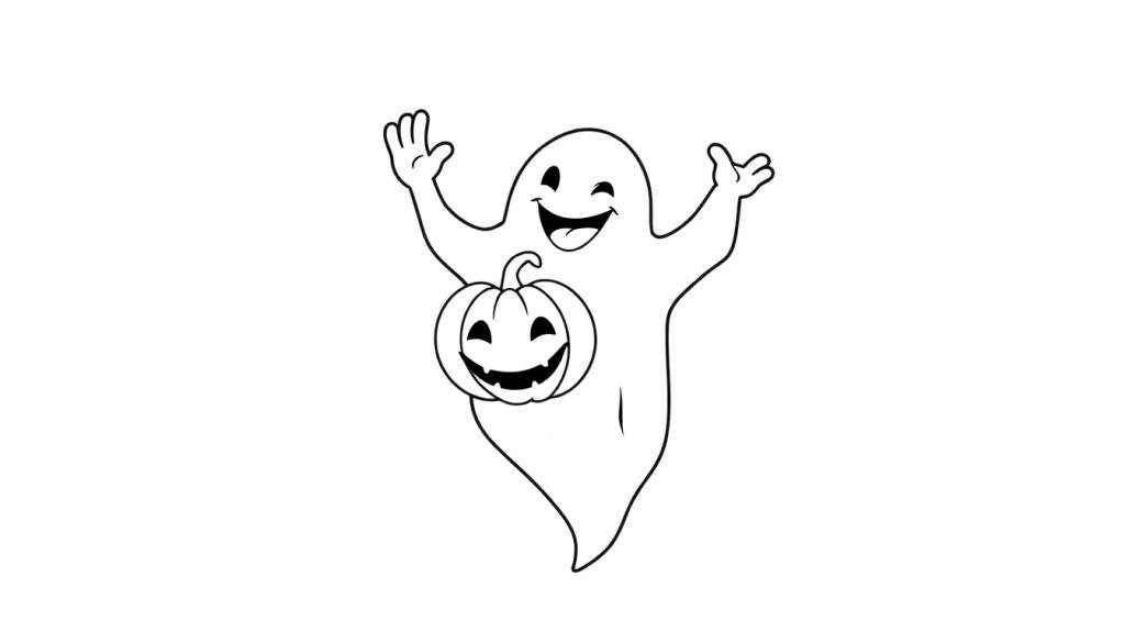 A friendly ghost holding a jack-o'-lantern, on a black and white color panel.