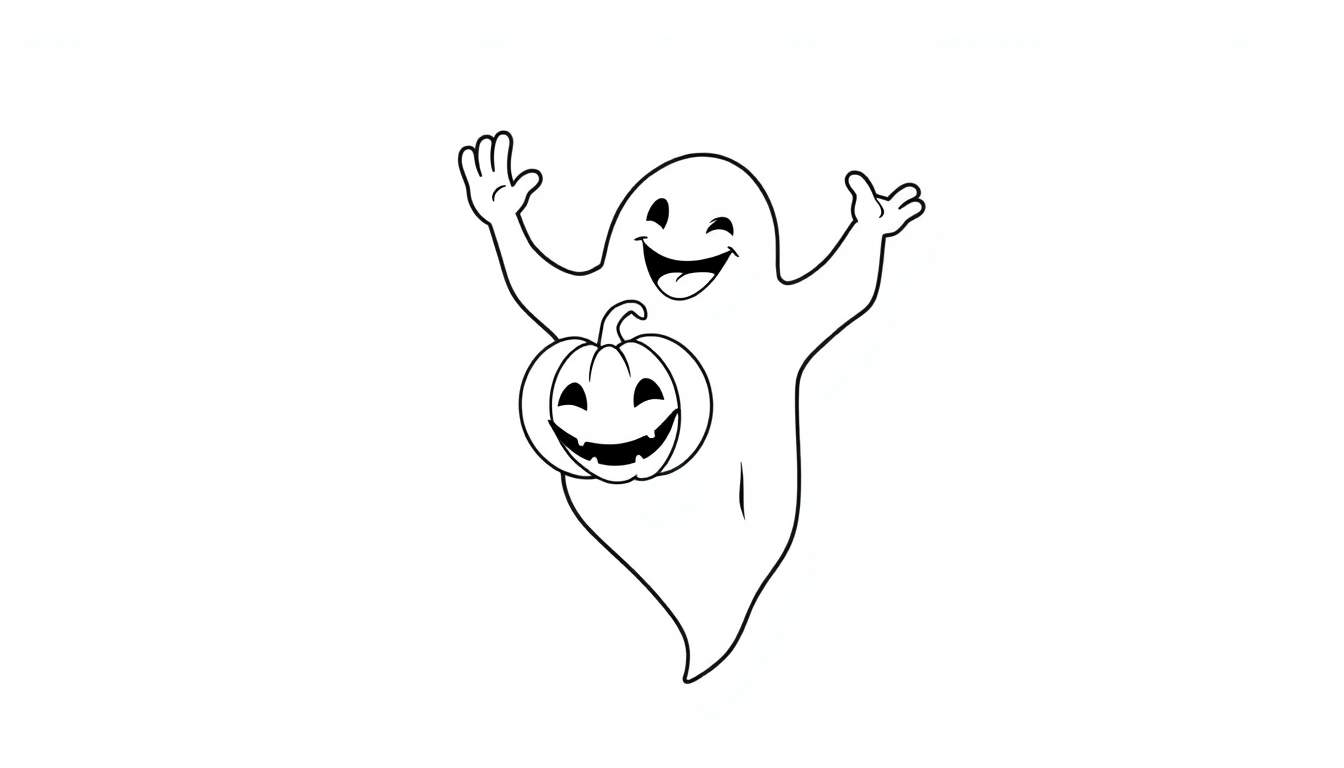 A friendly ghost holding a jack-o'-lantern, on a black and white color panel.