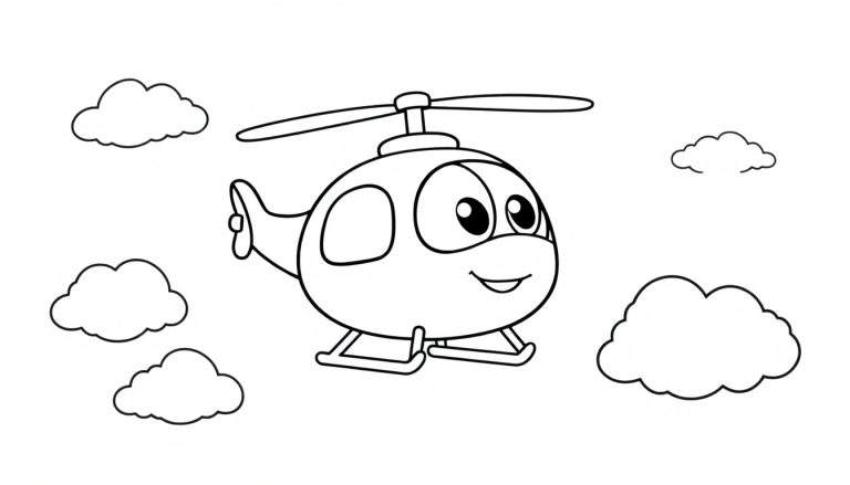 A cute cartoon helicopter, ready for a color panel, with a friendly face and large eyes flying through fluffy clouds.