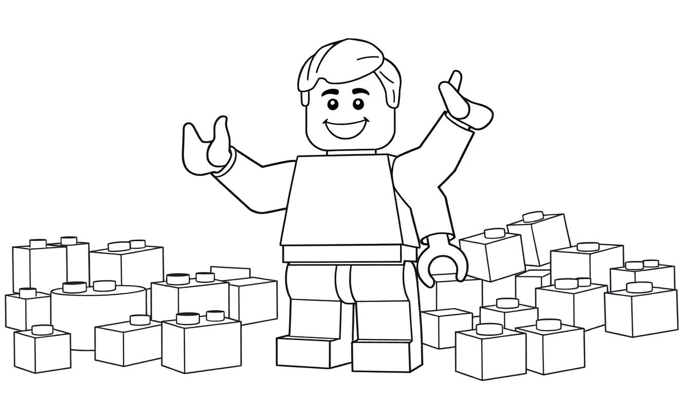 A smiling Lego minifigure in a black and white color panel, waving with both hands surrounded by Lego bricks, ready for coloring.