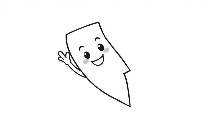 A cute cartoon lightning bolt coloring panel, smiling and waving hello.