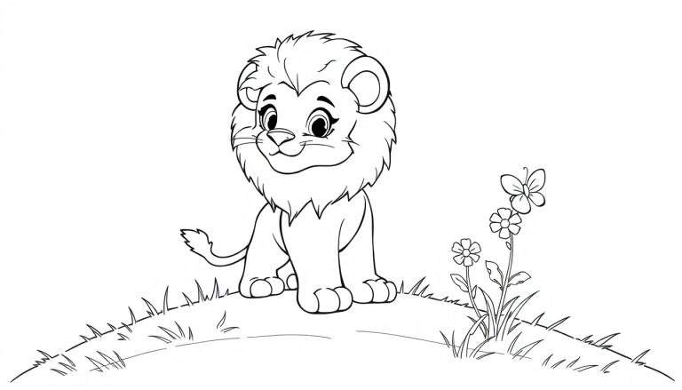 A cute black and white line drawing of a friendly lion cub sitting on a grassy hill, with flowers and a butterfly, ready for a color panel adventure.