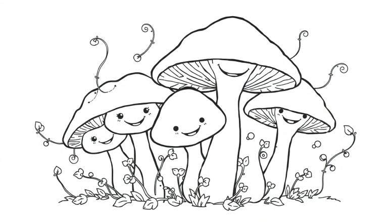 A cute black and white mushroom color panel with smiling faces.
