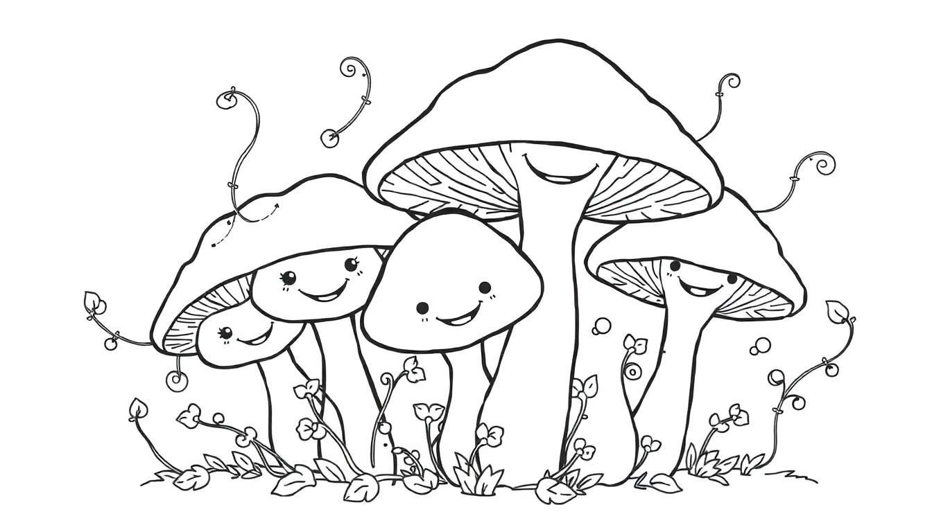 A cute black and white mushroom color panel with smiling faces.