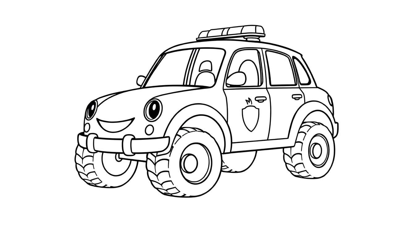 A friendly, black and white outline police car with big wheels, a smiling face, and a light bar, ready for a color panel activity.