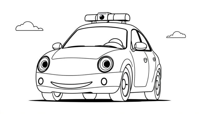 A friendly cartoon police car in a black and white color panel, ready for fun.