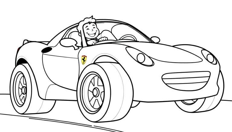 A smiling driver in a black and white cartoon convertible sports car with big wheels and a prancing horse logo, ready for coloring.