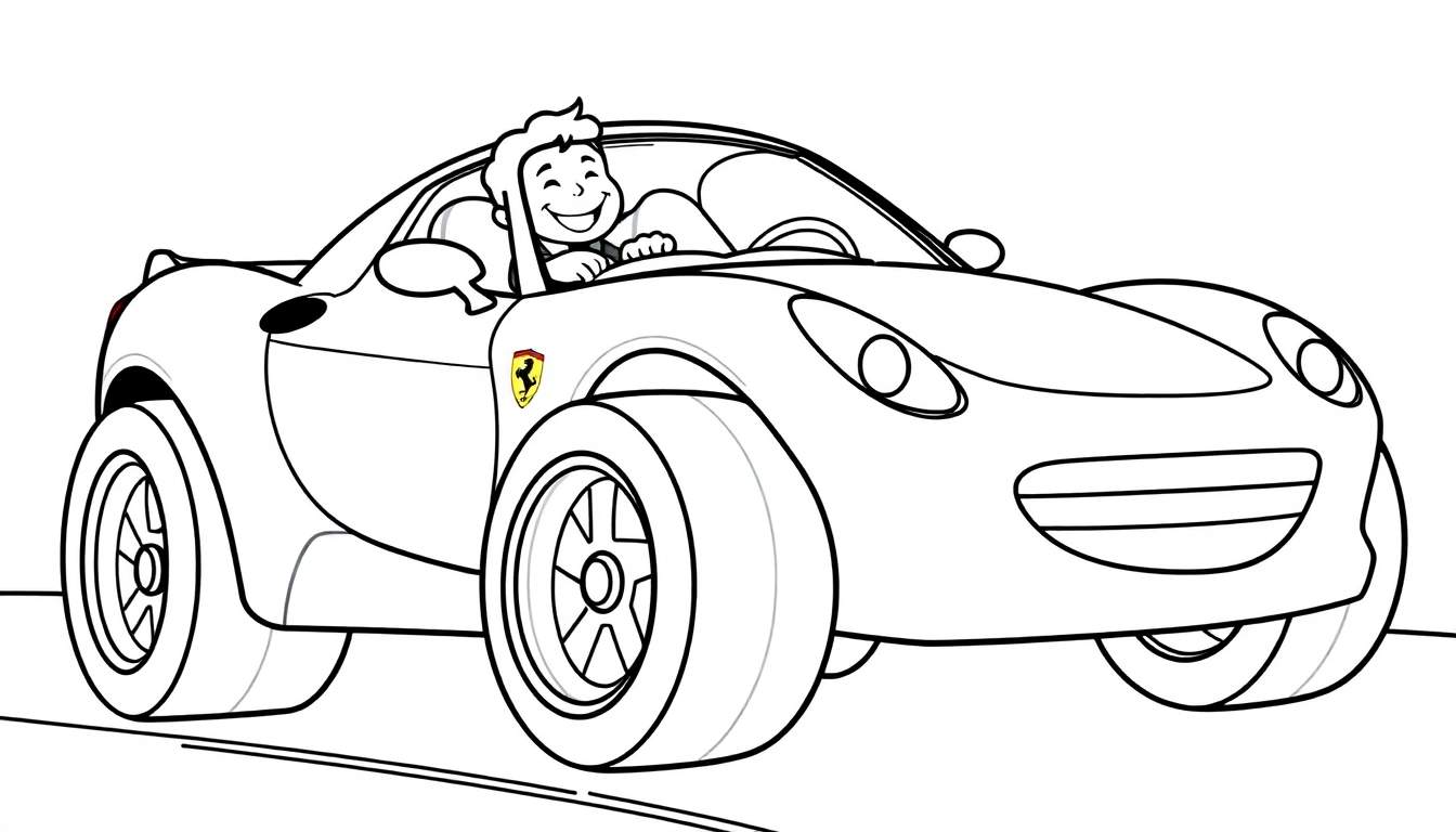 A smiling driver in a black and white cartoon convertible sports car with big wheels and a prancing horse logo, ready for coloring.