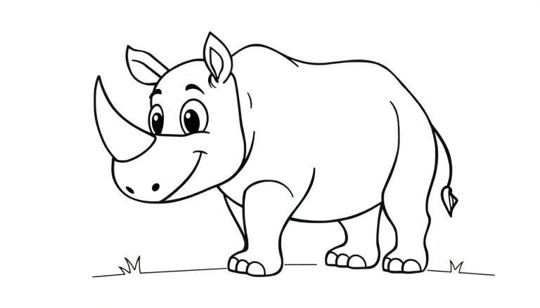 A black and white cartoon drawing of a friendly rhinoceros with two horns, ready for a color panel.