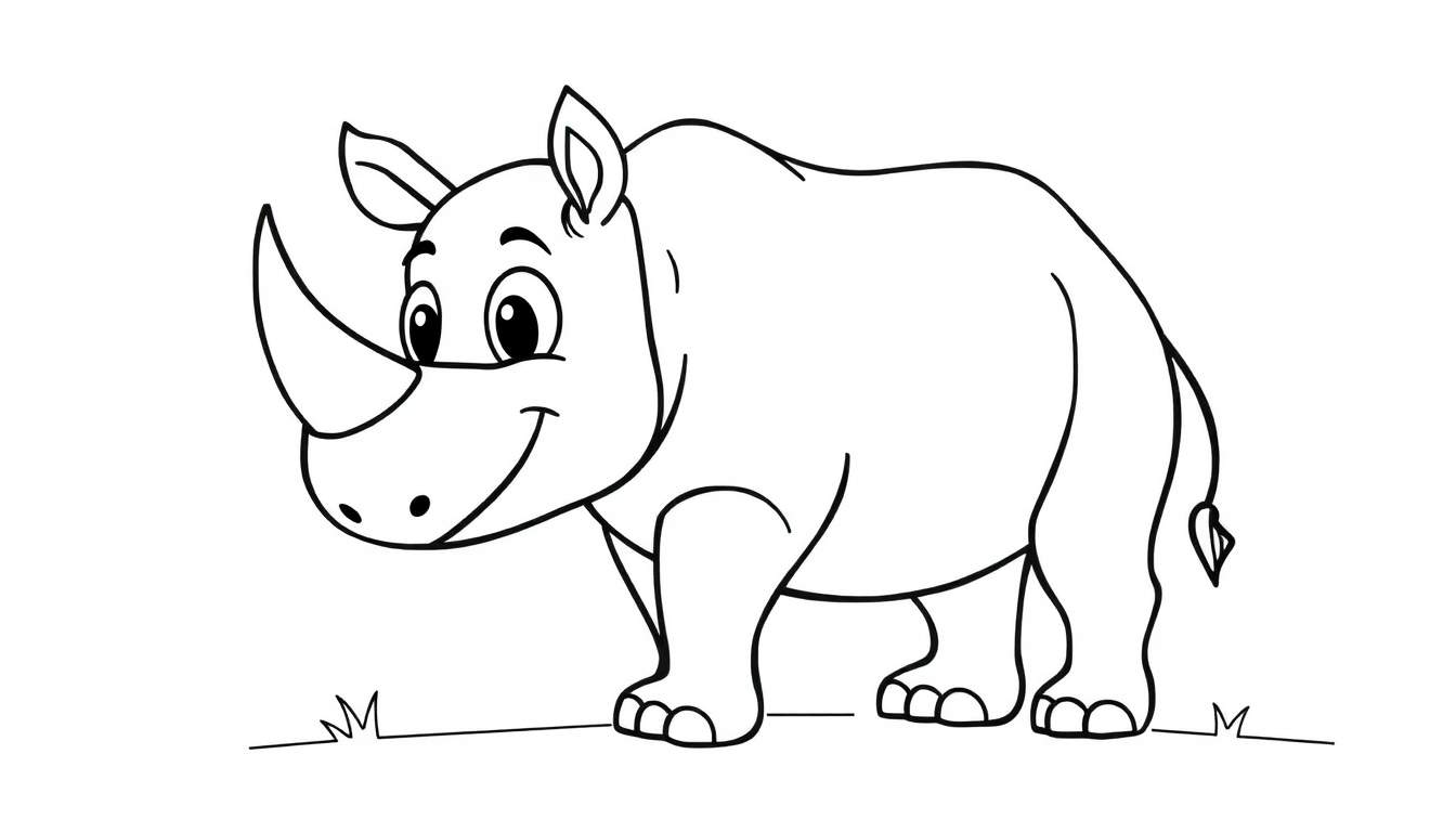 A black and white cartoon drawing of a friendly rhinoceros with two horns, ready for a color panel.