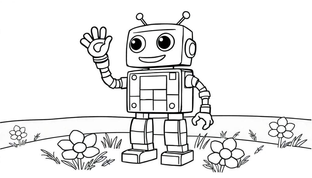 A friendly robot waving in a field of flowers, ready for coloring in this color panel.