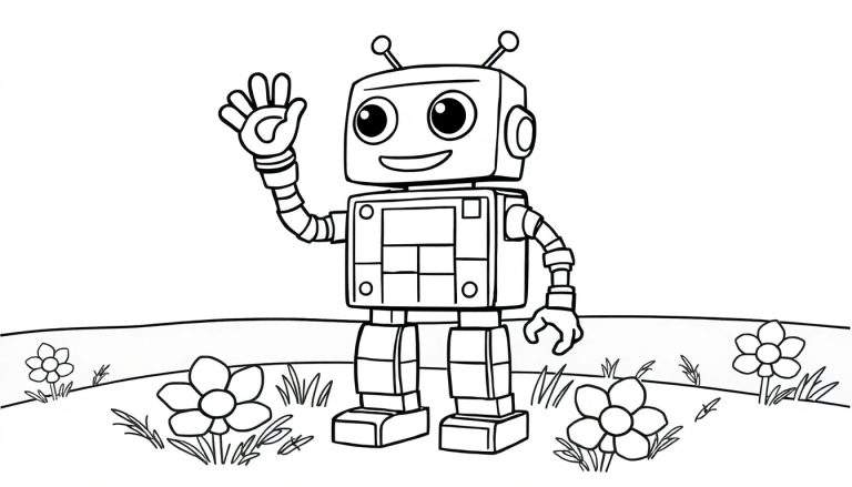 A friendly robot waving in a field of flowers, ready for coloring in this color panel.