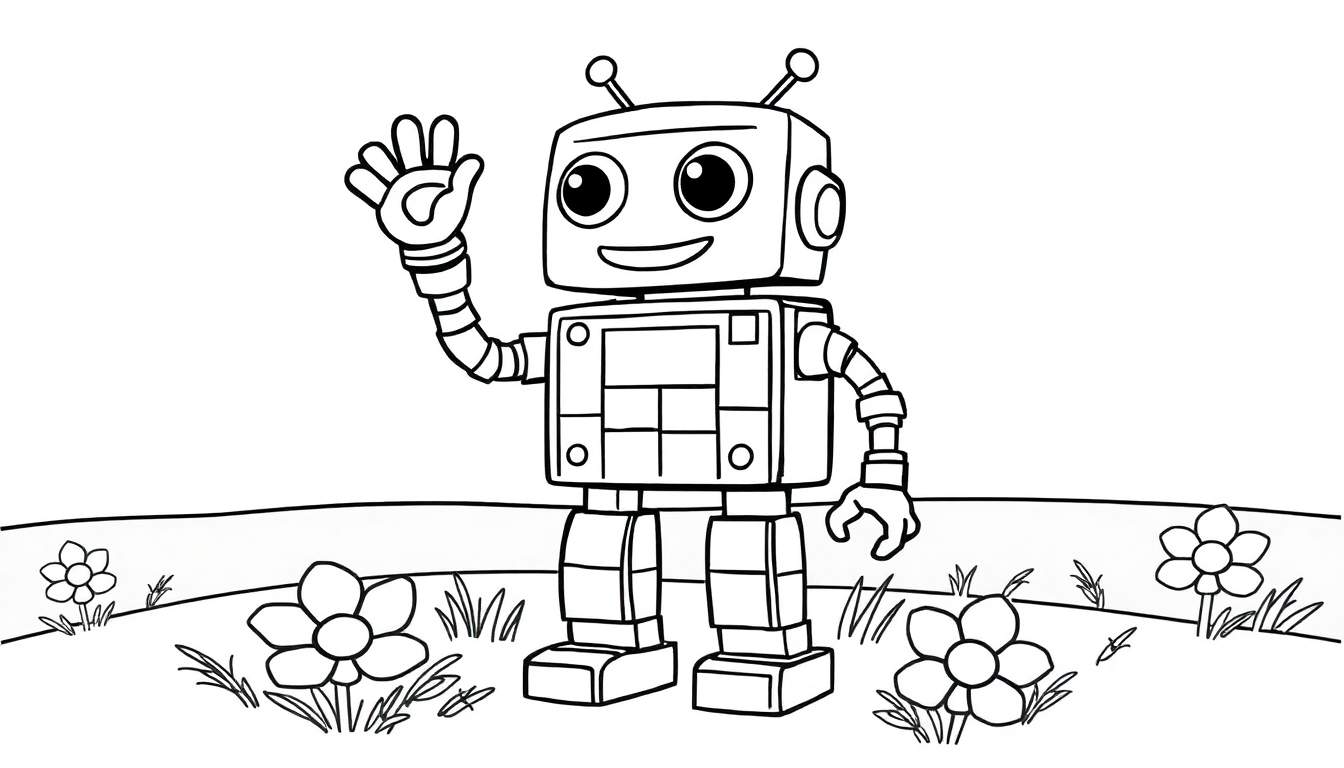 A friendly robot waving in a field of flowers, ready for coloring in this color panel.
