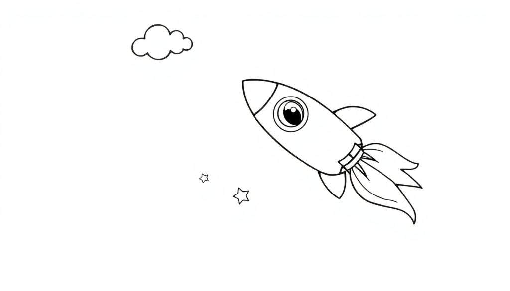 A friendly rocket ship outline for coloring, blasting off into a starry night sky. A simple color panel drawing.