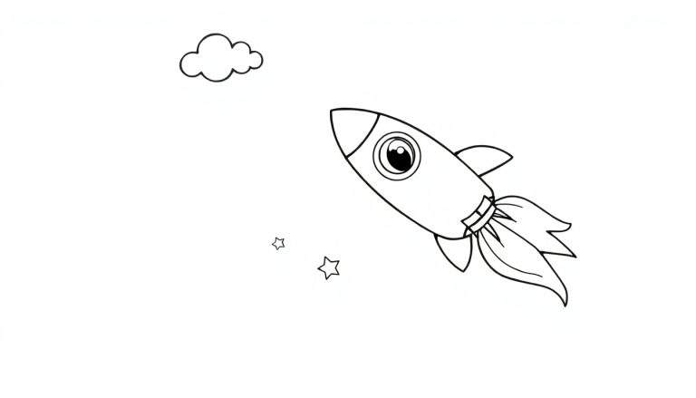 A friendly rocket ship outline for coloring, blasting off into a starry night sky. A simple color panel drawing.