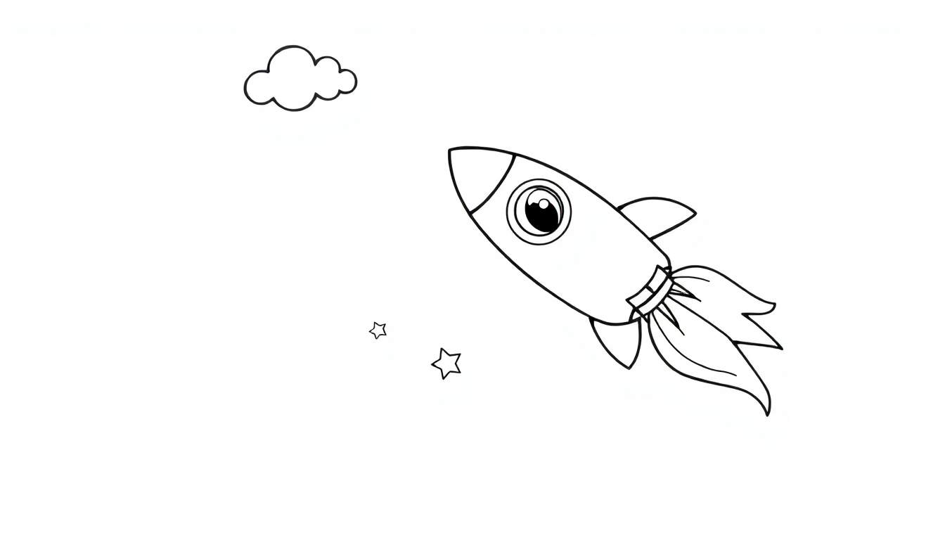 A friendly rocket ship outline for coloring, blasting off into a starry night sky. A simple color panel drawing.