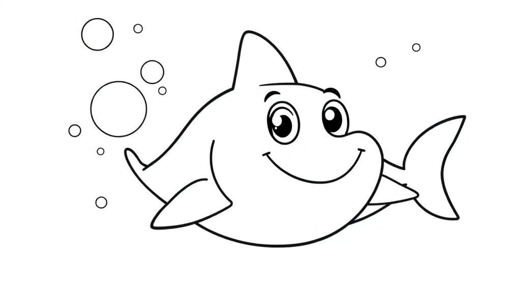 A friendly black and white shark ready for a color panel, swimming with bubbles.