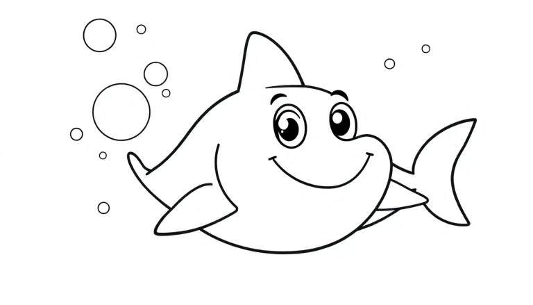 A friendly black and white shark ready for a color panel, swimming with bubbles.