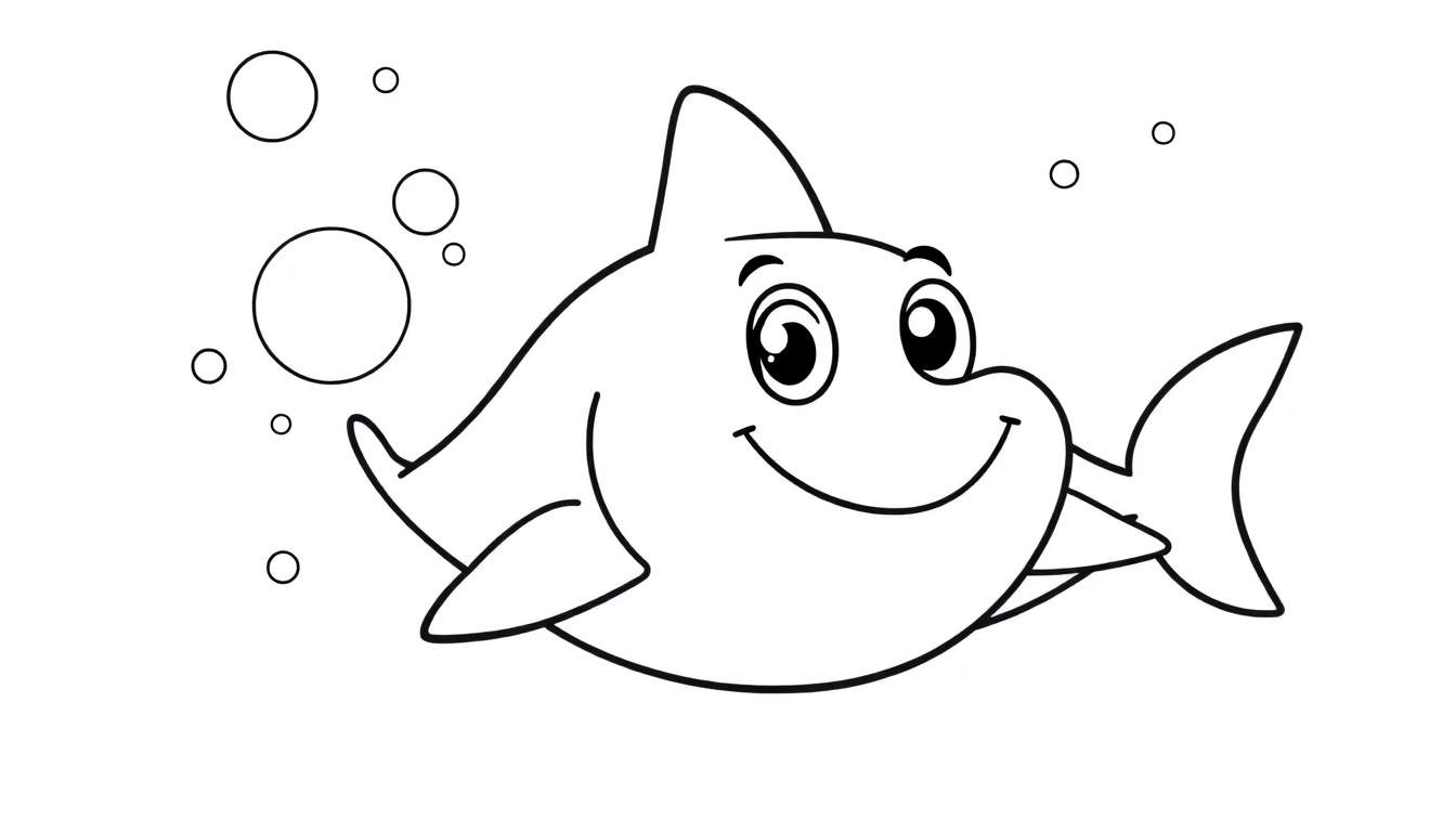 A friendly black and white shark ready for a color panel, swimming with bubbles.