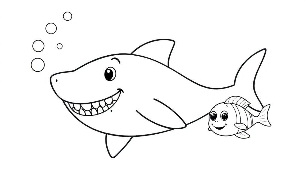 A black and white cartoon illustration of a friendly shark and a small fish, ready for coloring. This color panel shows bubbles too.