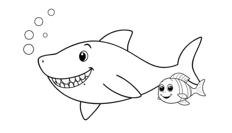 A black and white cartoon illustration of a friendly shark and a small fish, ready for coloring. This color panel shows bubbles too.