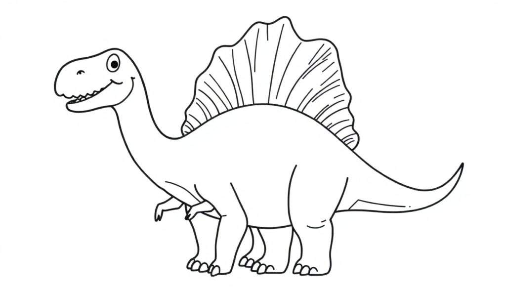 A friendly Spinosaurus coloring page, ready for your colors! This color panel features a smiling Spinosaurus waving hello.