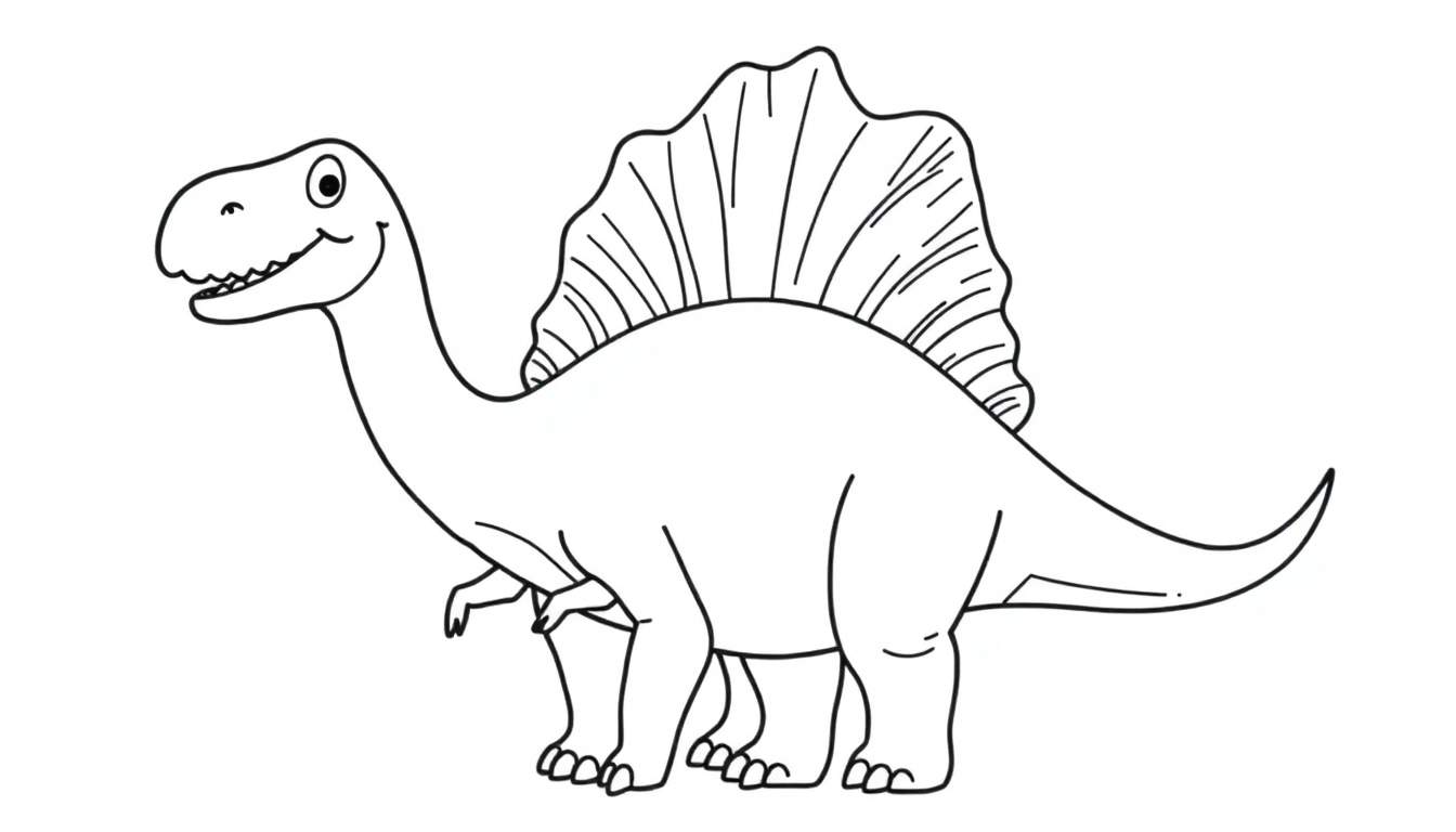 A friendly Spinosaurus coloring page, ready for your colors! This color panel features a smiling Spinosaurus waving hello.