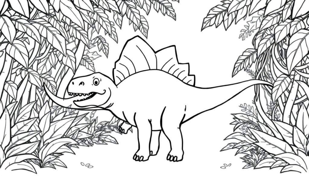 A friendly Spinosaurus coloring panel with a big sail walking through a jungle.