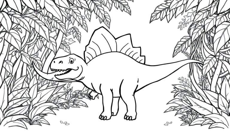 A friendly Spinosaurus coloring panel with a big sail walking through a jungle.