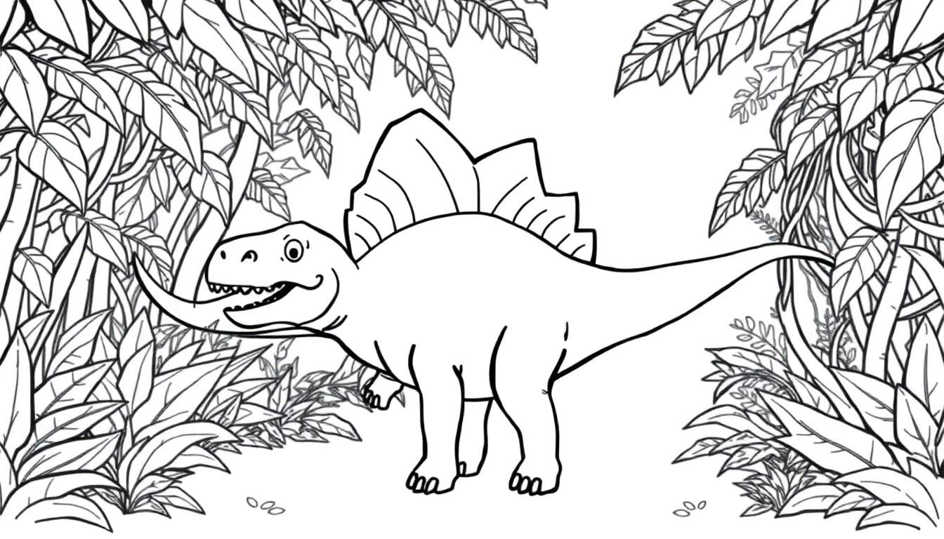 A friendly Spinosaurus coloring panel with a big sail walking through a jungle.