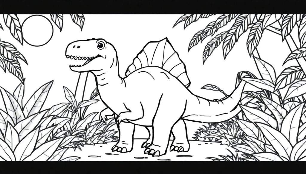 A friendly black and white cartoon Spinosaurus with a sail, in a jungle color panel, ready for kids to color.